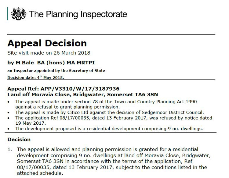 Planning Appeal Allowed in Bridgwater